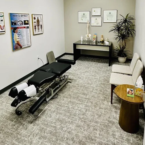 An adjustment room at Ocotillo Chiropractic with educational models and an adjustment table